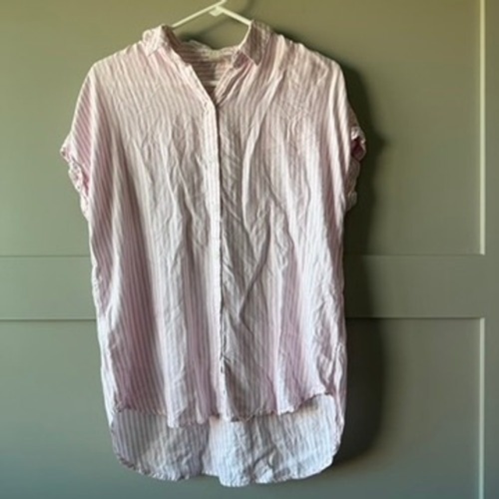 BeachLunchLounge Womens S Pink White Stripe Button Down High Low Oversized Shirt